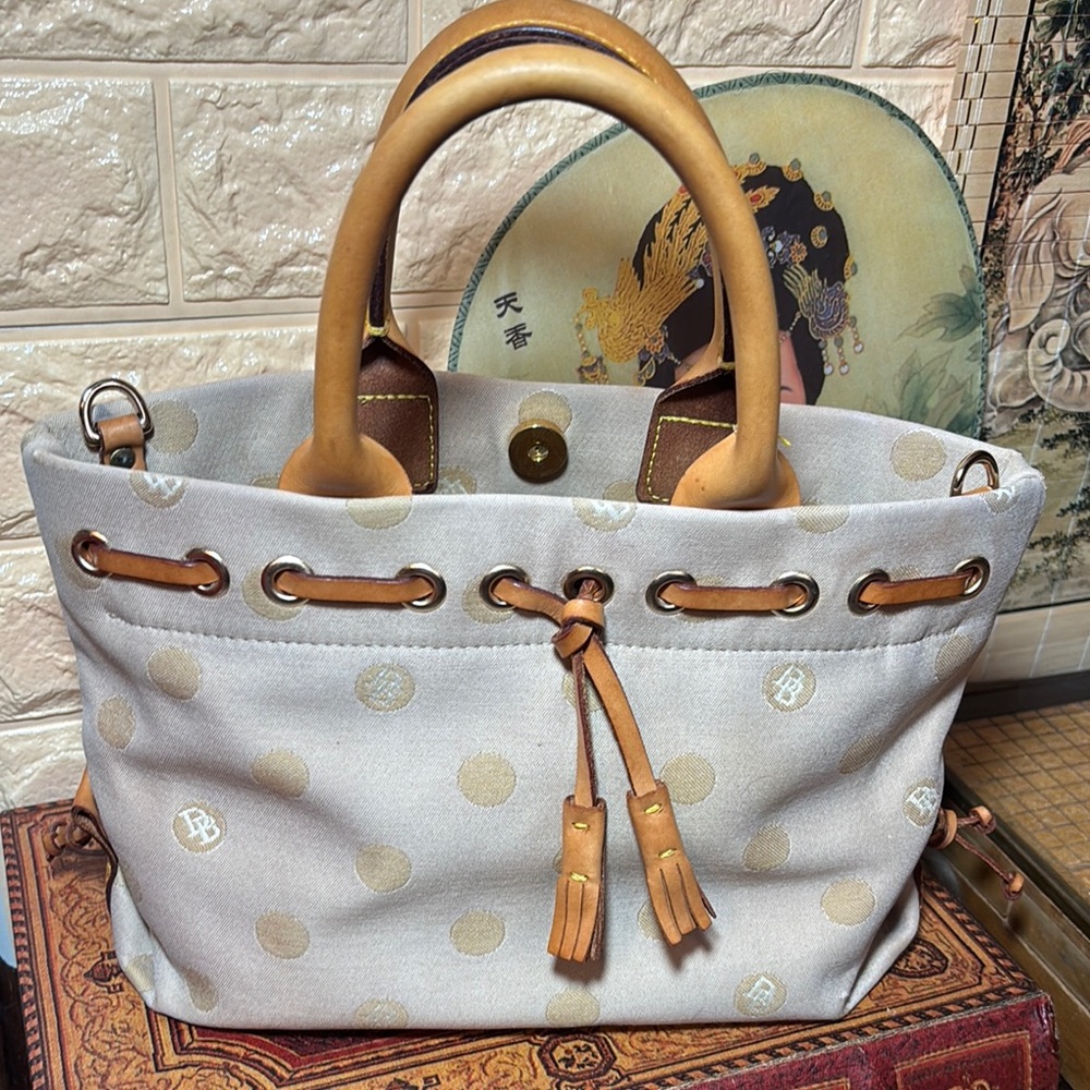 Dooney & Bourke Tote Bag Cream Gold Polka Dot Monogram Tulip Tassel Leather Trim